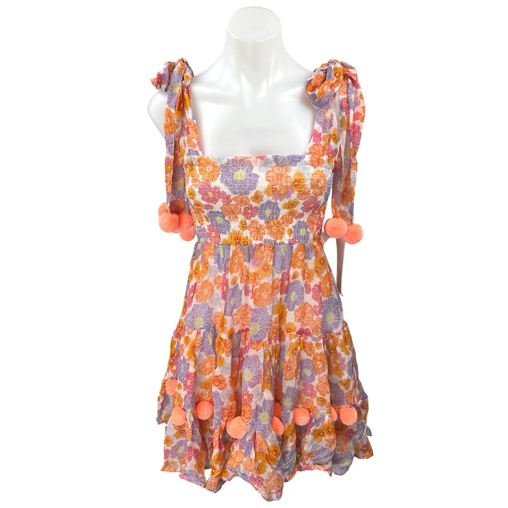 NEW Sundress Pippa Orange Sleeveless Pom Pom Smocked Mini Fit & Flare Dress XS
