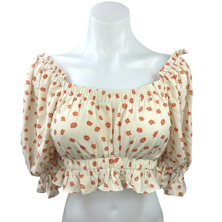 Sabo Skirt Cream Orange Floral Half Puff Sleeve Boho Ruffle Crop Blouse Top Sz M