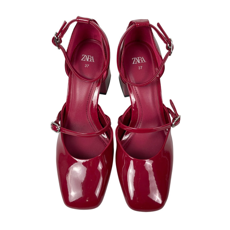 Zara Womens Red Square Toe Block Heels Ankle Strap Mary Jane Pumps Shoes 37 US 6