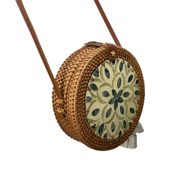 Women's Tan Cream Mother of Pearl Rattan Round Tassel Boho Crossbody Tote Bag
