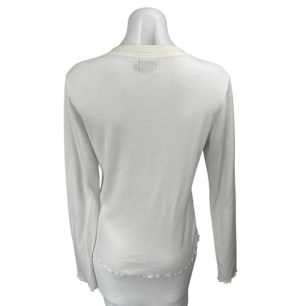 WSLY Cream Long Sleeve Waffle Knit Lettuce Henley Thermal Sweater Top Size L