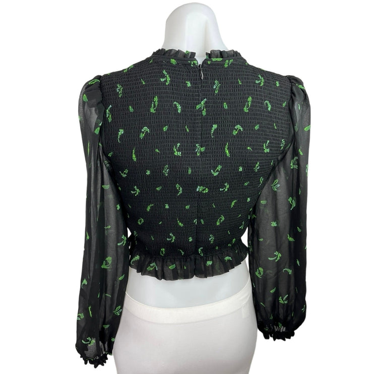 Aritzia Wilfred Lilith Black Leaf Print Smocked Puff Sleeve Ruffle Crop Blouse S