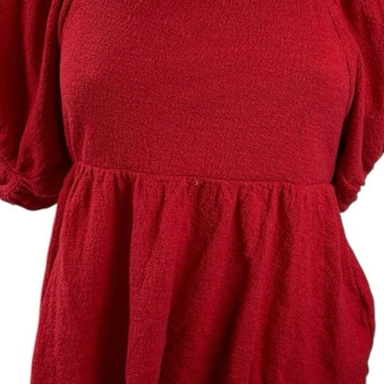 Madewell Womne's Red Puff Sleeve Square Neck Babydoll Flare Peplum Blouse Top XS