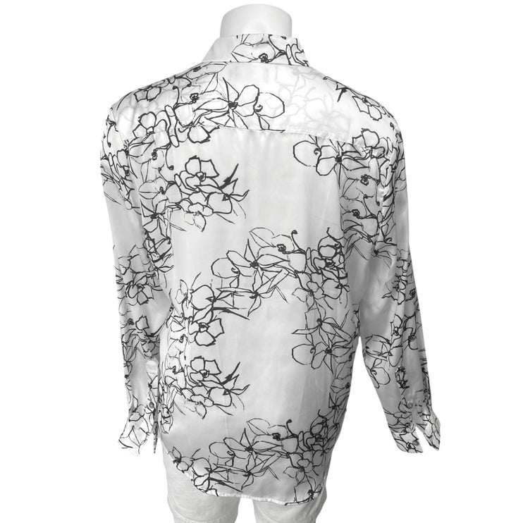Akings Men's White Silky Satin Floral Print Long Sleeve Button Down Shirt Top L