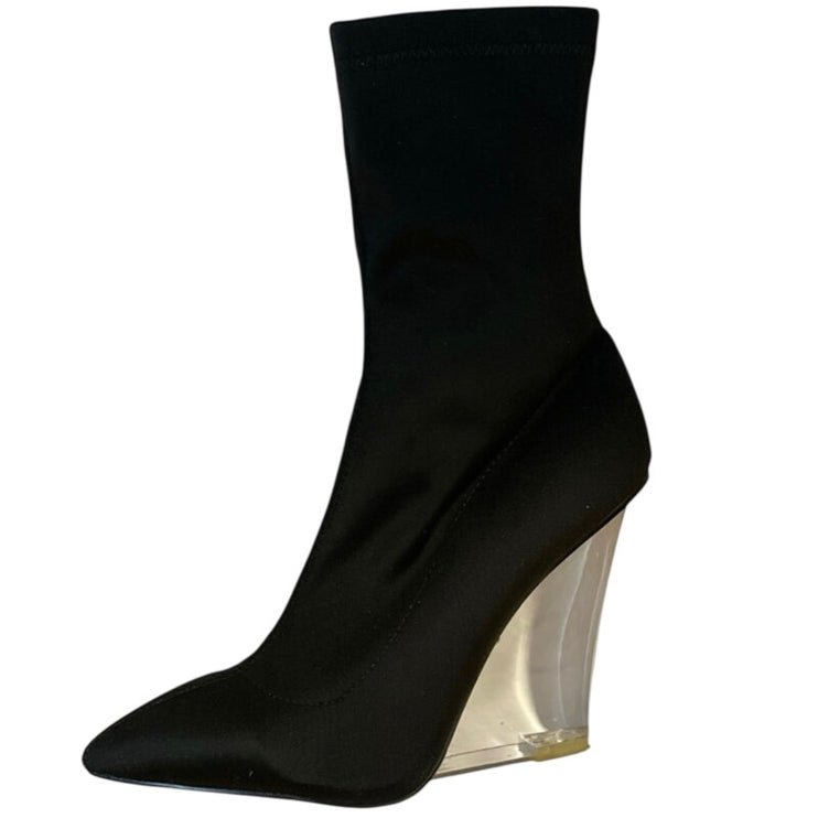 Public Desire Women's Black Mid Clear Wedge Pull On Pointed Toe Bootie Size 4