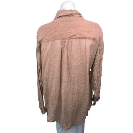 TAN + Lines Tulum Brown Tan Linen Button Down Sheer Swim Cover Up Shirt Top Sz S