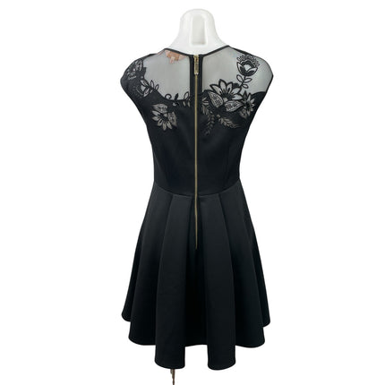 Ted Baker Dolli Black Embroidered Floral Mesh Skater Fit & Flare Mini Dress Sz 2