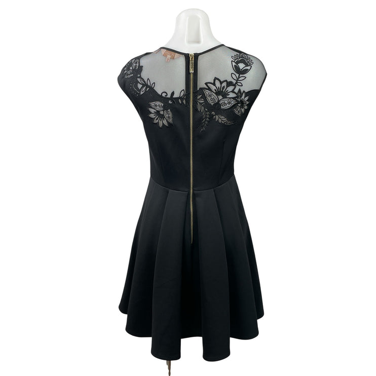 Ted Baker Dolli Black Embroidered Floral Mesh Skater Fit & Flare Mini Dress Sz 2