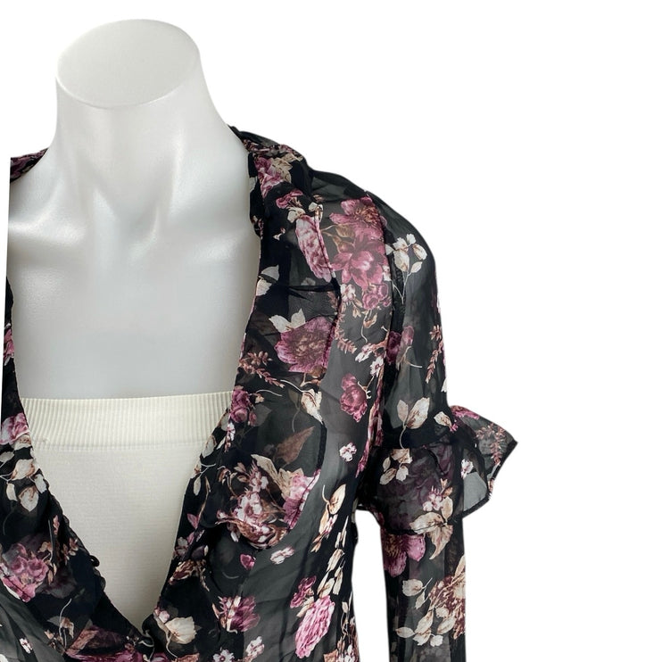 NEW Nasty Gal Black Floral Long Bell Sleeve Sheer Mesh V Neck Blouse Top Size 0