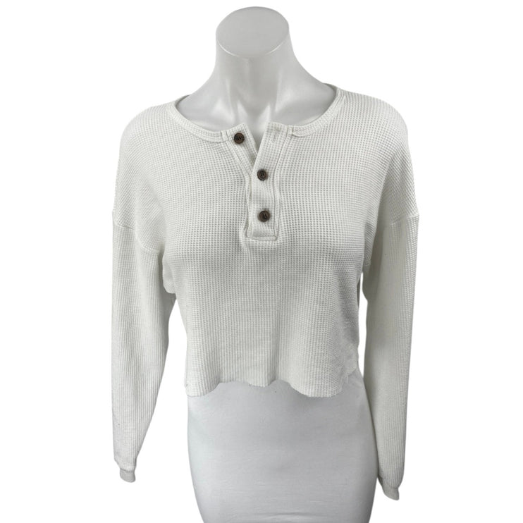 Princess Polly White Waffle Knit Long Sleeve Henley Cropped Sweater Top Size 6