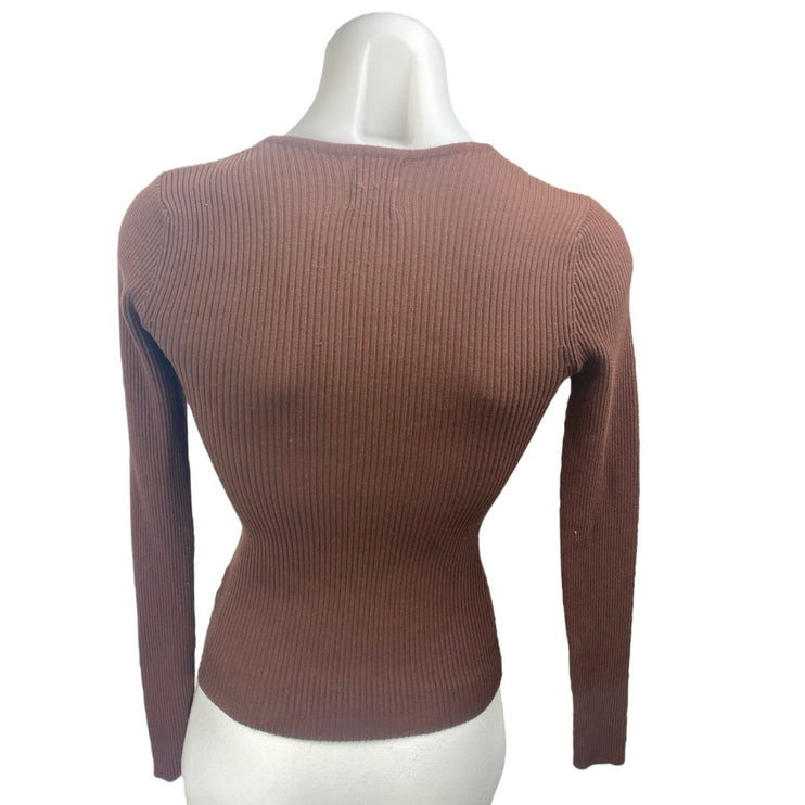 Princess Polly Women's Brown Long Sleeve Ribbed Knit Cutout Sweater Top Size S/M