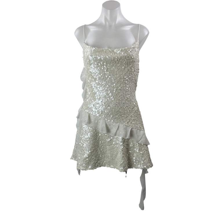 Zara White Sequin Ruffle Bridal Sparkly Sleeveless Cowl Neck A Line Mini Dress M