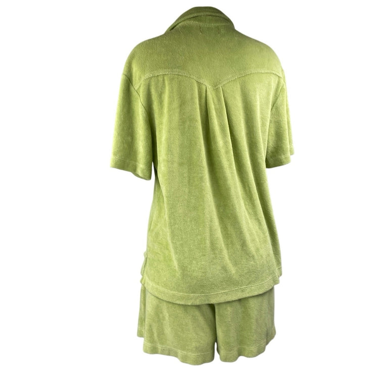 Alice Pearl Weekend Green Terry Button Down Shirt Top & Mini Shorts 2Pc Set S