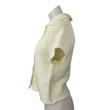 Zara Cream White Rib Knit Collar Short Sleeve Button Up Polo Sweater Top Size M