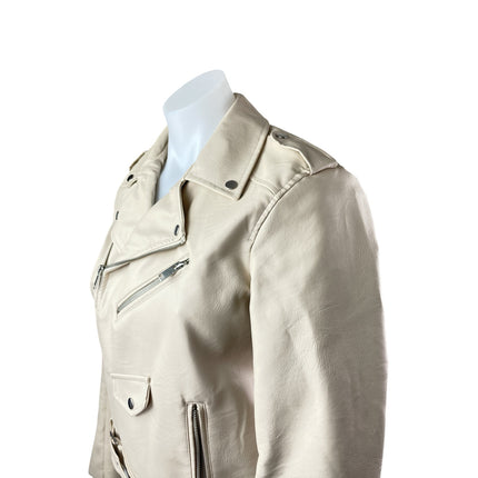 London Women's Cream Faux Leather Vegan Zip Motorcycle Biker Coat Jacket Size S