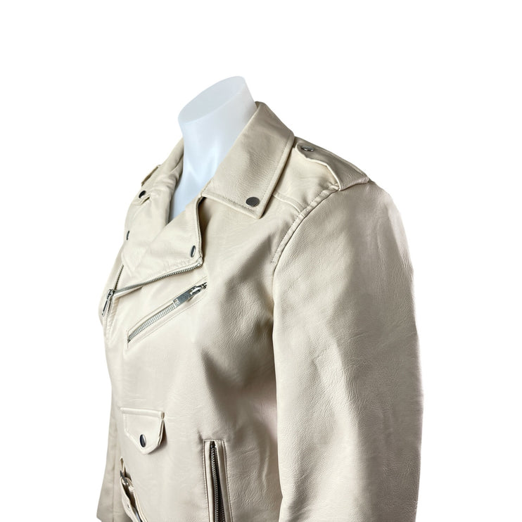 London Women's Cream Faux Leather Vegan Zip Motorcycle Biker Coat Jacket Size S