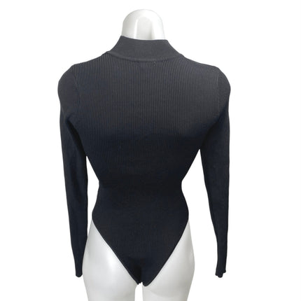Princess Polly Black Long Sleeve Cutout Ribbed Knit Mock Neck Bodysuit Top S/M