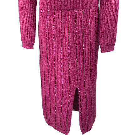 Cider Pink Wool Sequin Long Sleeve Knit 2pc Sweater Skirt Matching Set Size XS