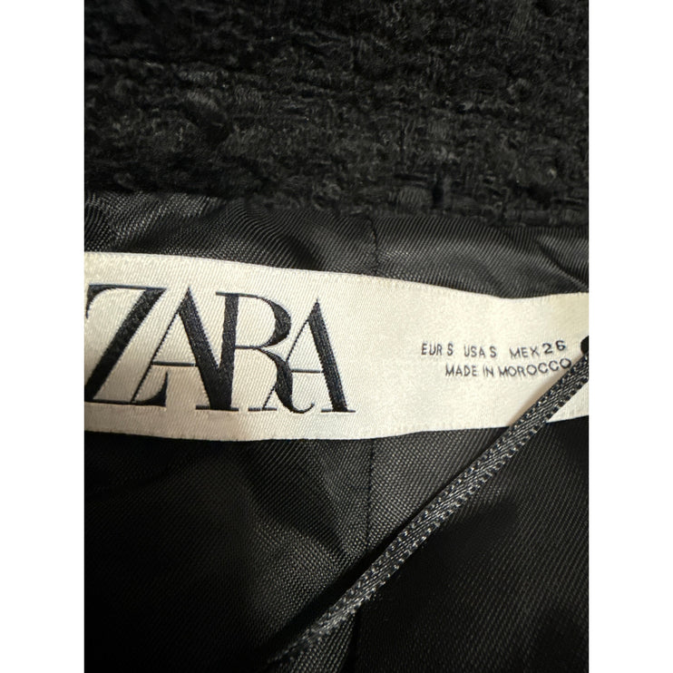 Zara Womens Black Tweed Fringe Double Breasted Military Trench Overcoat Jacket S