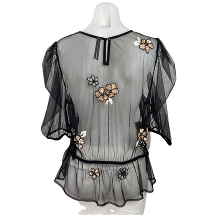 By Anthropologie Black Floral Embellished Sequin Sheer Mesh Peplum Crop Top Sz L