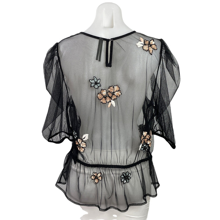 By Anthropologie Black Floral Embellished Sequin Sheer Mesh Peplum Crop Top Sz L
