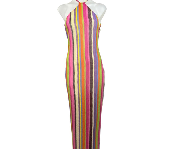 Steve Madden NWT Multicolor Rainbow Striped Knit Crochet Halter Maxi D – Brie
