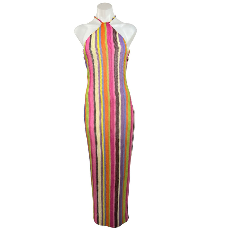 Steve Madden NWT Multicolor Rainbow Striped Knit Crochet Halter Maxi Dress Sz S