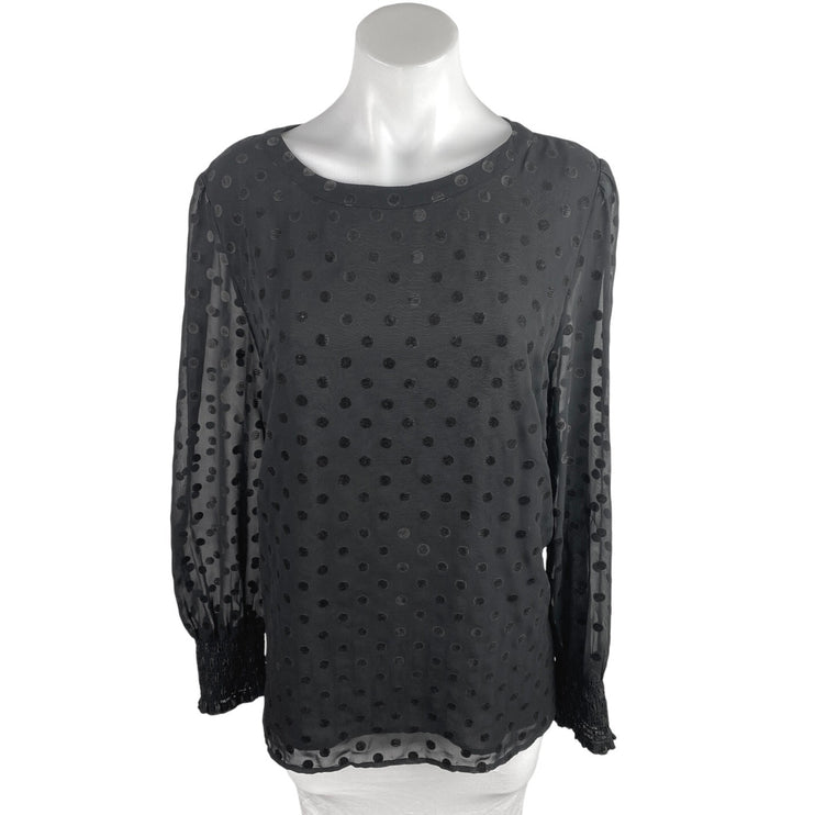 Ann Taylor LOFT Black Sheer Long Balloon Sleeve Polka Dots Blouse Top Size XL
