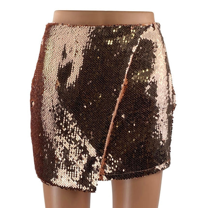 Superdown Sonya Rose Gold Sequin High Waisted Surplice Faux Wrap Mini Skirt XS