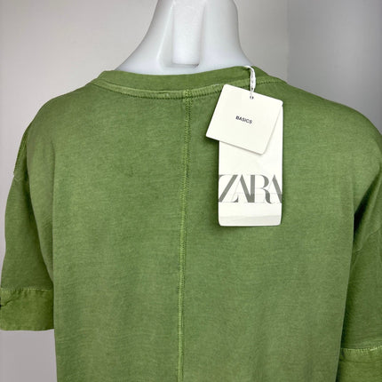 Zara NWT Green Cotton Cuffed Short Sleeve Crew Oversized T-Shirt Midi Dress Sz S