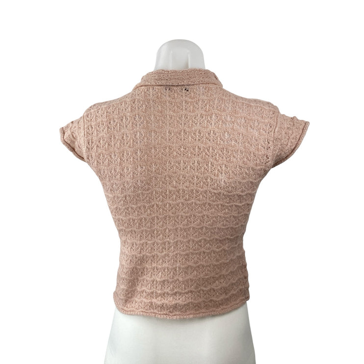 Zara Women's Pink Lace Floral Short Sleeve Mock Neck Knit Blouse Top Size L