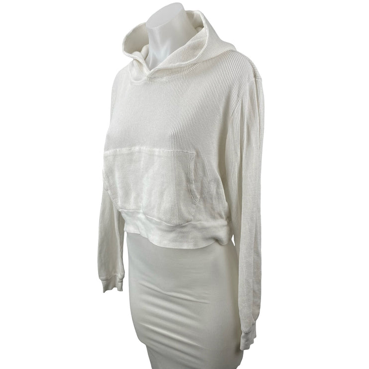 Brandy Melville Womens White Crop Hoodie Hooded Waffle Knit Thermal Sweatshirt S