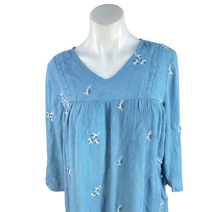 Max Blue Floral Embroidered Crochet Half Sleeve V Neck Babydoll Blouse Top Sz M