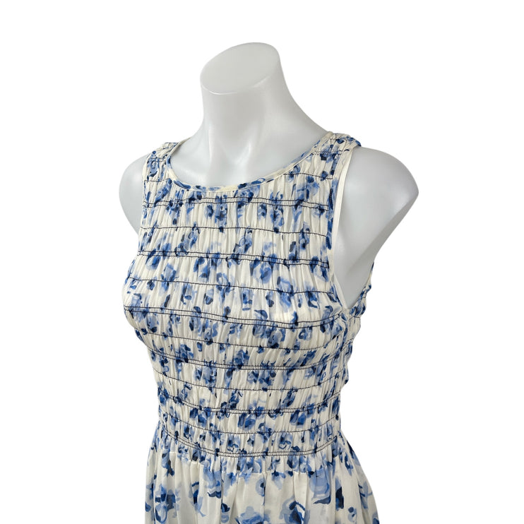 Club Monaco 100% Silk Feleenie Floral Smocked Sleeveless Midi A-Line Dress Sz 4