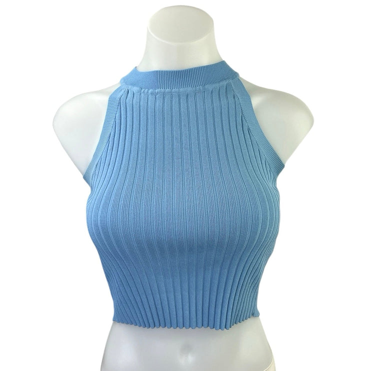 Guess Blue Ribbed Knit High Neck Stretch Pullover Sleeveless Crop Top Size XS