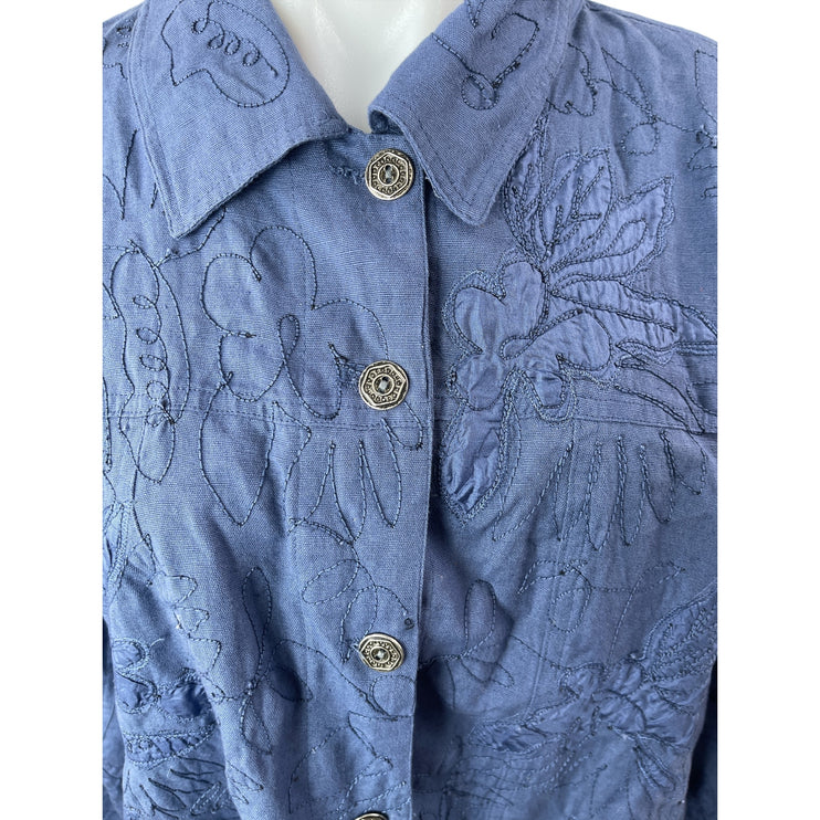 Chico's Women's Blue Linen Floral Long Sleeve Chambray Button Down Shirt Top 3