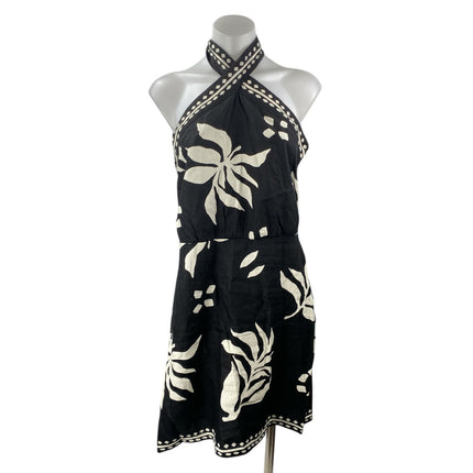 Ann Taylor LOFT Black White Linen Leaf Halter Sleeveless A Line Mini Dress Sz 4