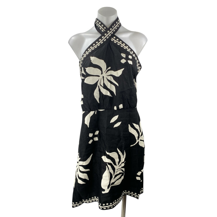 Ann Taylor LOFT Black White Linen Leaf Halter Sleeveless A Line Mini Dress Sz 4