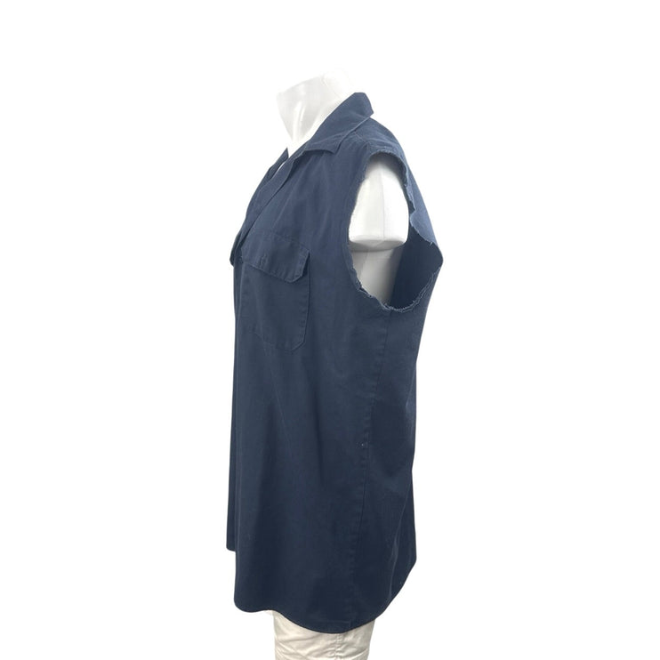 Dickies Men Navy Blue Workwear Pocket Cutoff Sleeve Button Down Shirt Top Size L