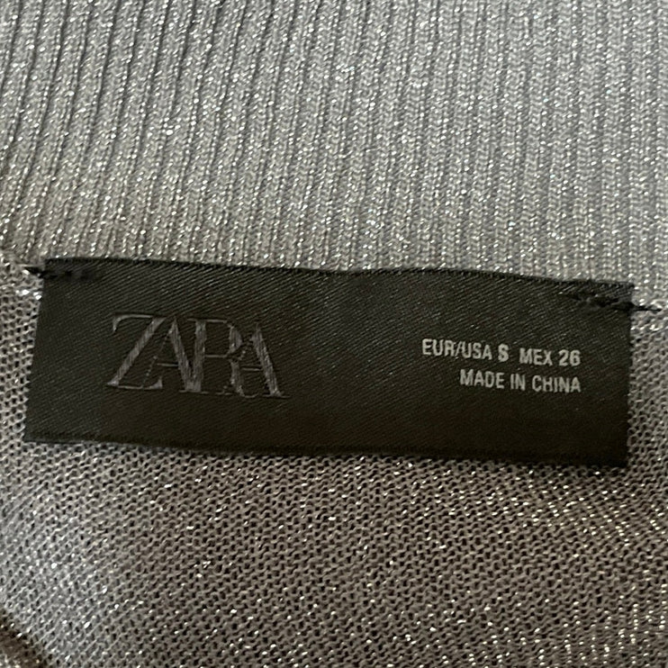 Zara Women's Dark Gray Mesh Sheer Glitter Sparkly V Neck Long Sleeve Knit Top S