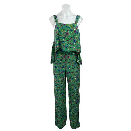 Sezane Penelope Green Floral Sleeveless Ruffle Straight Wide Leg Jumpsuit Size 2