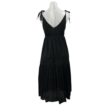 Topshop Black Embroidered Eyelet Tie Strap Sleeveless A Line Midi Dress Size 4