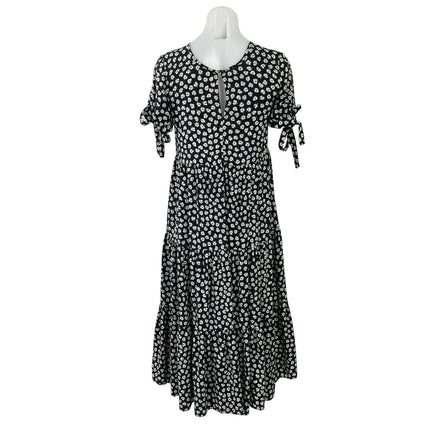 Madewell Black Floral Woodcut Flower Short Tie Sleeve Tiered ALine Midi Dress XS