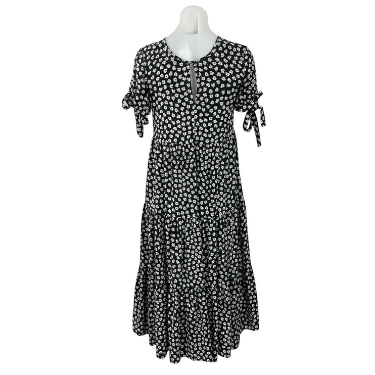 Madewell Black Floral Woodcut Flower Short Tie Sleeve Tiered ALine Midi Dress XS