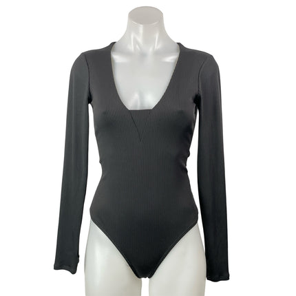 Free People FP Intimately Black Ribbed Knit Long Sleeve Thong Bodysuit Top XS