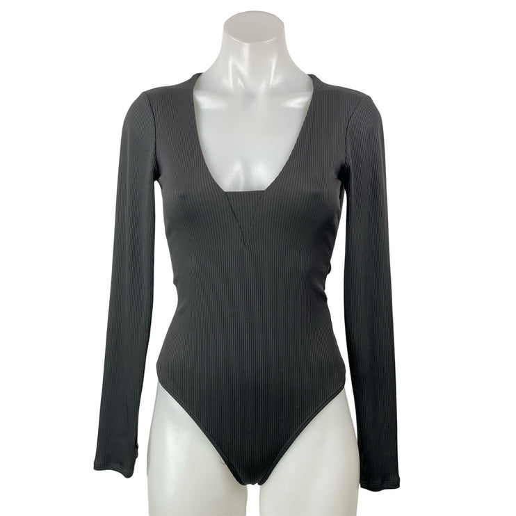 Free People FP Intimately Black Ribbed Knit Long Sleeve Thong Bodysuit Top XS