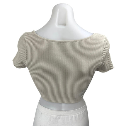 Aritzia Babaton Gray Short Sleeve Ribbed Knit Sculpt Square Neck Crop Top Sz XS