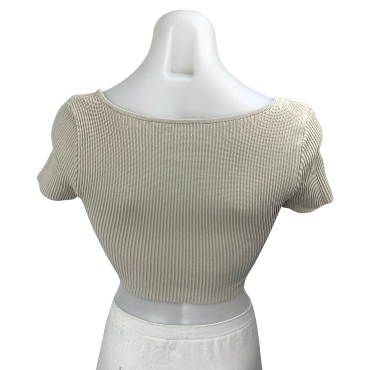 Aritzia Babaton Gray Short Sleeve Ribbed Knit Sculpt Square Neck Crop Top Sz XS
