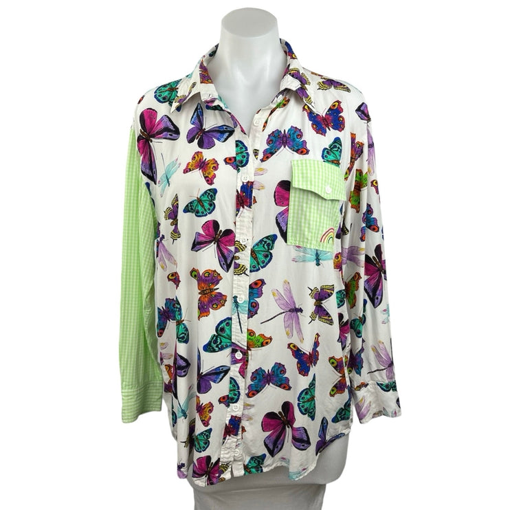 Terez Multicolor Butterfly Print Button Down Long Sleeve Pocket Shirt Top Sz S