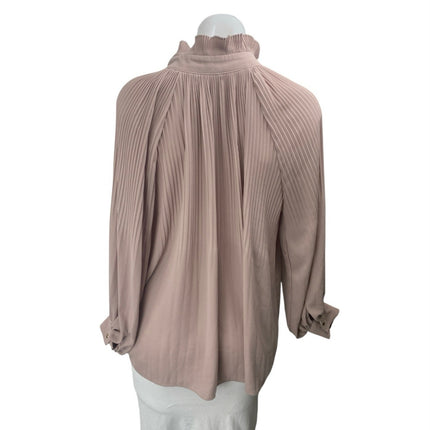 Ku's Women's Brown Tan Pleated Tie Neck Ruffle Collar Long Sleeve Blouse Top L